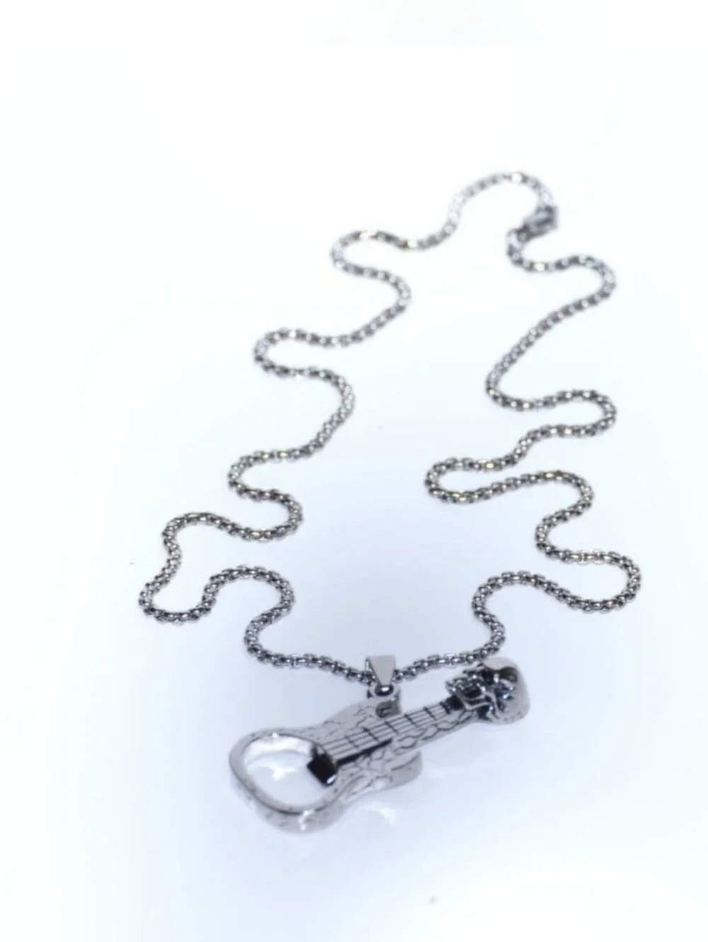 Men's Skull Guitar Bottle Opener Necklace w/ Pendant – Silver style Biker & Rock